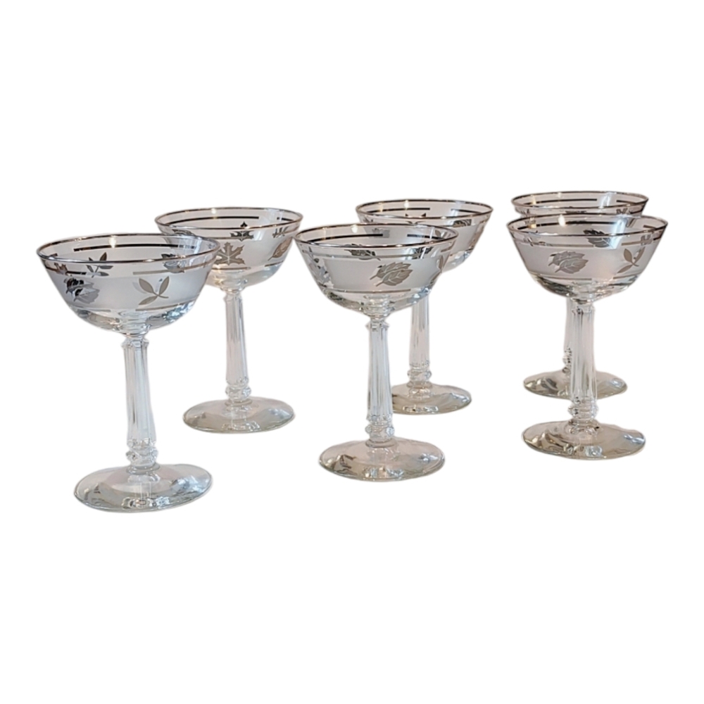 Vintage Libbey Glassware Sherbet Cups Silver Foliage Stemware Wine Set Of 6